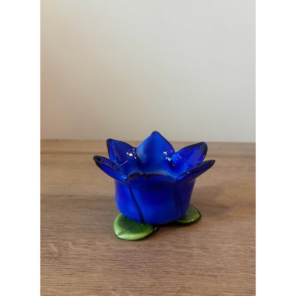 Vintage Glass Tulip Candle Holder Blue Cobalt & Green Art Glass Floral - Picture 1 of 7